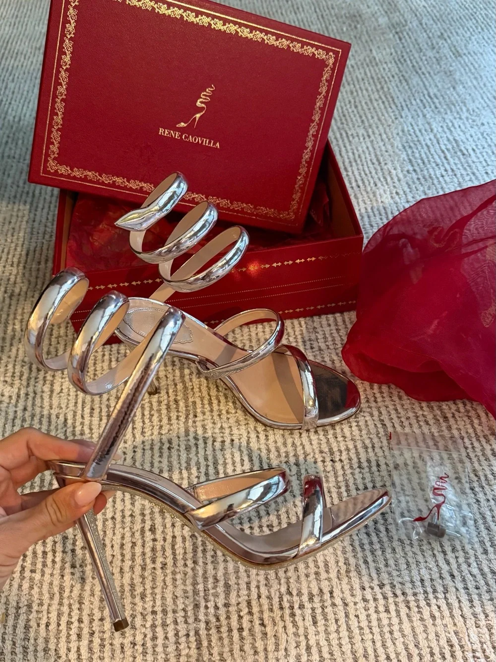 Rene Caovilla Cleo 105 Leather Sandals Wrap-Ankle Stiletto Heels Rose Gold Pink